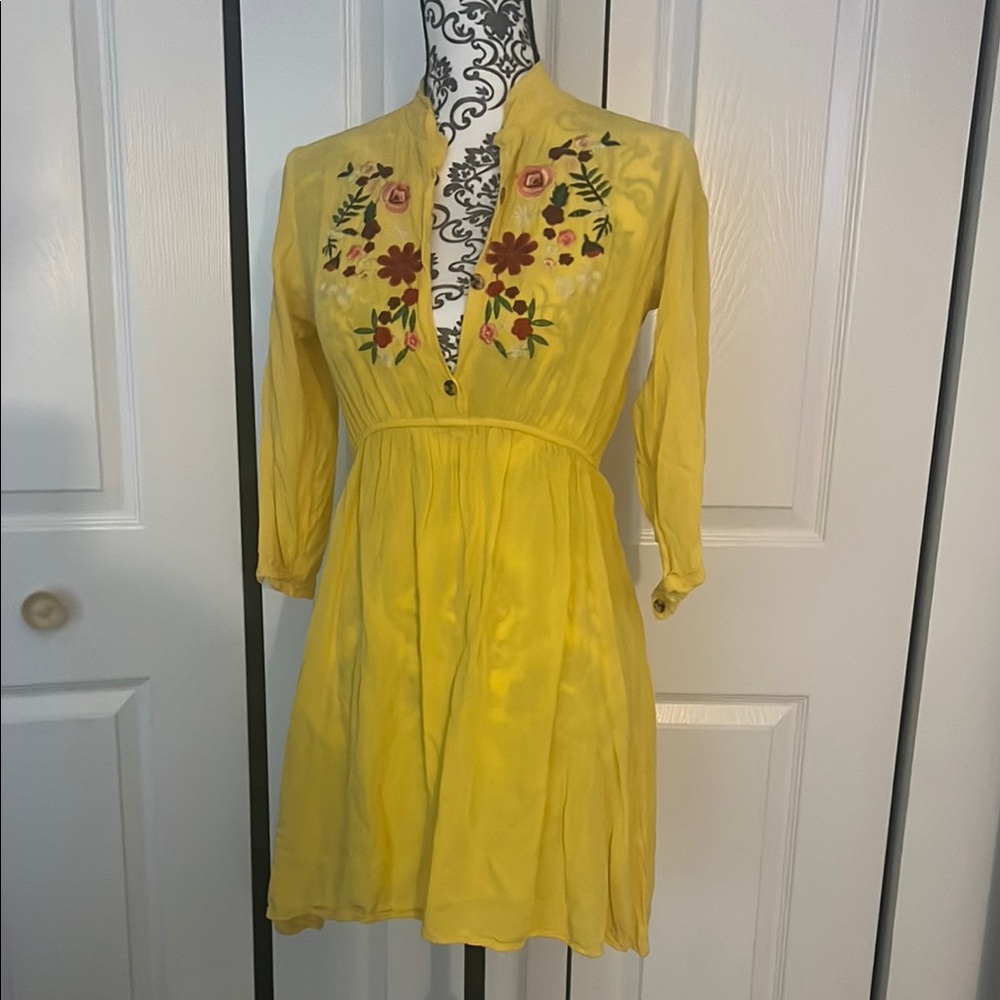 Yellow Pleated Tie Front Sundress with Bishop Sleeves